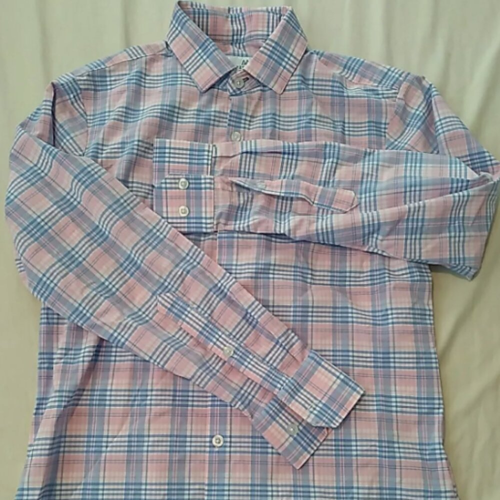 MIZZEN+MAIN Mens Large Pink Blue Plaid Long Sleeve Trim Fit Button Front Shirt